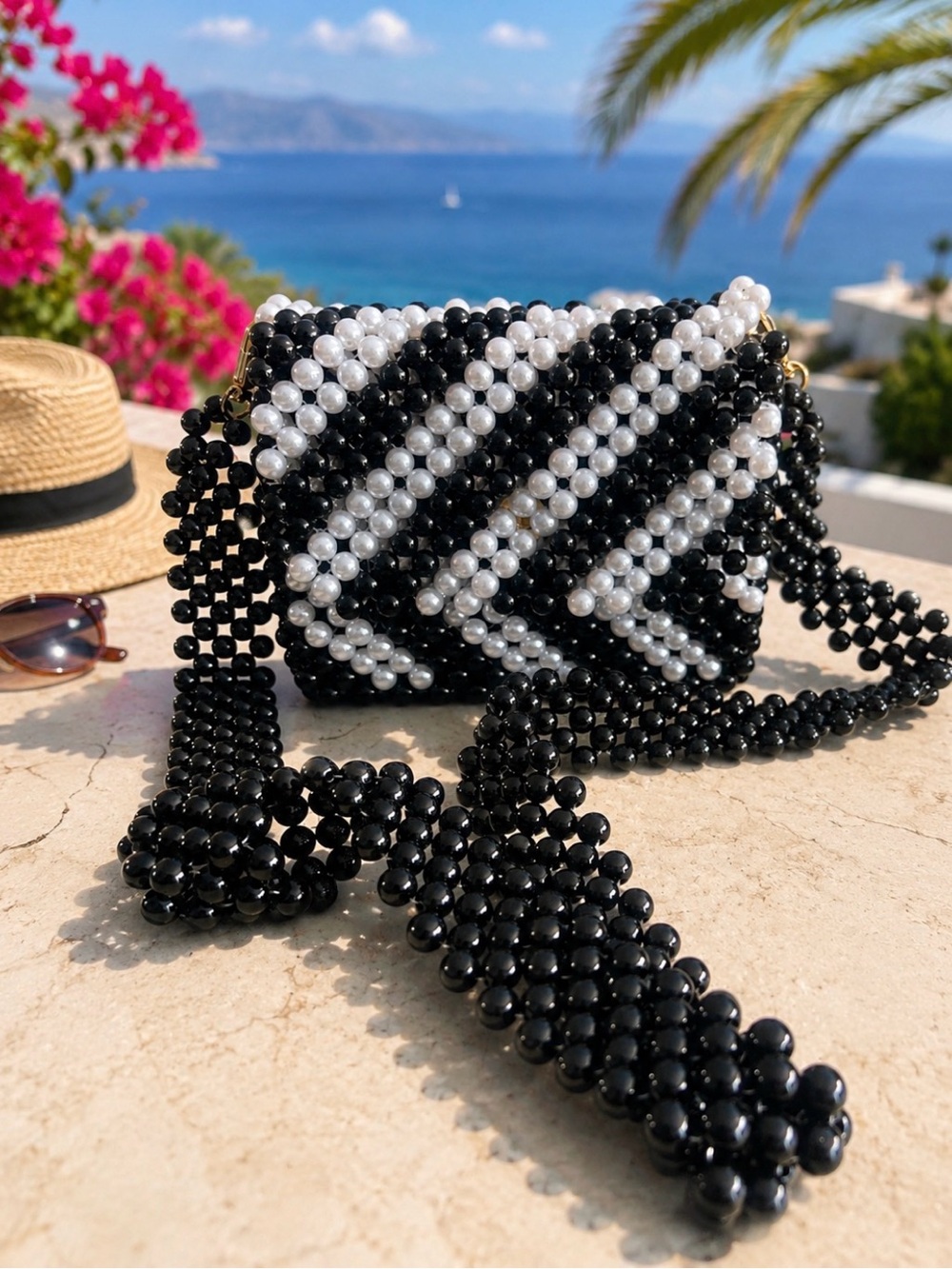 Black & White Beaded Chevron Crossbody Bag